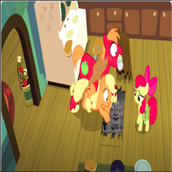 Size: 514x516 | Tagged: safe, edit, edited screencap, screencap, apple bloom, applejack, big macintosh, bird, duck, earth pony, g4, season 7, the perfect pear, female, filly, foal, male, mare, meme, stallion, thomas and friends, train, wrong aspect ratio