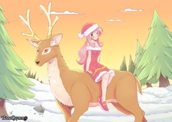 Size: 5262x3720 | Tagged: safe, artist:rosalhymn, fluttershy, deer, human, g4, anime style, blushing, christmas, cute, female, forest, hat, holiday, humanized, looking at you, nature, riding, santa dress, santa hat, shyabetes, sitting, smiling, smiling at you, snow, solo, sunset, tree