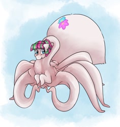 Size: 2010x2126 | Tagged: safe, artist:smirk, blossomforth, oc, monster pony, original species, spiderpony, fanfic:blossomthing, g4, blossomthing, blue background, body horror, commission, eldritch abomination, embarrassed, long neck, shapeshifter, shapeshifting, sheepish, simple background, solo, tentacle neck, tentacle spider, tentacles