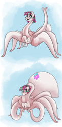 Size: 2010x4107 | Tagged: safe, artist:smirk, blossomforth, oc, monster pony, original species, spiderpony, fanfic:blossomthing, g4, blossomthing, blue background, body horror, commission, eldritch abomination, embarrassed, long neck, open mouth, open smile, shapeshifter, shapeshifting, sheepish, simple background, smiling, solo, tentacle neck, tentacle spider, tentacles, waving