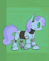 Size: 1049x1311 | Tagged: safe, artist:eggpriest, sweetie belle, cyborg, pony, robot, robot pony, unicorn, g4, abstract background, female, green background, green eyes, horn, mare, purple mane, purple tail, simple background, solo, tail