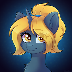 Size: 2900x2900 | Tagged: safe, artist:madelinne, oc, oc only, unicorn, bust, female, freckles, horn, looking at you, mare, ponytail, portrait, smiling, smiling at you, solo