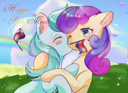 Size: 1482x1080 | Tagged: source needed, safe, artist:蝶琏, bon bon, lyra heartstrings, sweetie drops, earth pony, pony, unicorn, g4, duo, duo female, female, flag, horn, lesbian, pride, pride flag, pride month, ship:lyrabon, shipping