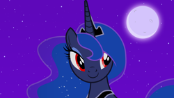 Size: 1920x1080 | Tagged: safe, artist:cloudy glow, artist:estories, edit, editor:jaredking779, princess luna, alicorn, pony, g4, crown, evil, female, jewelry, looking at you, mare, moon, night, peytral, red eyes, regalia, smiling, solo
