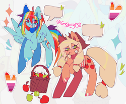 Size: 2048x1684 | Tagged: safe, artist:emoboy130, applejack, rainbow dash, earth pony, pegasus, pony, g4, :3, abstract background, ahoge, alternate eye color, alternate hairstyle, apple, apple basket, applejack's hat, bandaid, basket, blonde mane, blonde tail, blue coat, blue hooves, chest fluff, colored, colored hooves, colored pinnae, cowboy hat, duo, duo female, ear fluff, ear piercing, earring, eye clipping through hair, female, flying, food, green eyes, hat, jewelry, lesbian, lesbian pride flag, long eyelashes, long legs, long mane, long tail, looking back, mare, multicolored hair, open mouth, open smile, orange coat, orange hooves, peace sign, piercing, pigtails, pride, pride flag, pride month, rainbow hair, rainbow tail, raised hoof, red eyes, shiny hooves, shiny mane, shiny tail, ship:appledash, shipping, signature, smiling, sparkles, standing, straw in mouth, sweat, sweatdrop, tail, tied mane, tied tail, wing hands, wings, zoom layer
