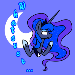 Size: 1080x1080 | Tagged: safe, artist:astralune, princess luna, alicorn, pony, g4, adorkable, bust, crown, cute, cutie mark, ethereal mane, hoof shoes, jewelry, looking at you, luna is not amused, moon, peytral, regalia, solo, sparkles, starry mane, text, unamused