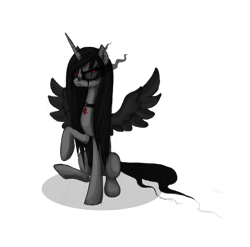 Size: 1032x1019 | Tagged: safe, artist:grinu, oc, oc only, alicorn, pony, alicorn oc, black hair, female, goth, gray coat, horn, mare, simple background, sitting, solo, transparent background, wings