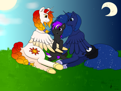 Size: 2000x1500 | Tagged: safe, artist:zedup, princess luna, oc, oc:red sun, alicorn, pony, g4, alicorn oc, braid, braided ponytail, braided tail, butt, colored pinnae, colored wings, crescent moon, ear fluff, ethereal mane, ethereal tail, female, golden eyes, gradient mane, gradient tail, gradient wings, grass, grass field, hoof shoes, horn, hug, lying down, male, mare, missing accessory, moon, not celestia, pegasus oc, plot, ponytail, princess shoes, sparkly mane, sparkly tail, stallion, starry mane, starry tail, sun, tail, trio, winghug, wings
