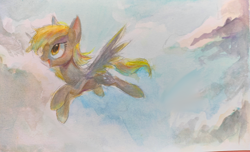 Size: 4024x2444 | Tagged: safe, artist:unclechai, derpy hooves, pegasus, pony, cloud, female, flying, sky, smiley face, traditional art, watercolor painting, yellow mane