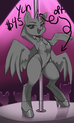 Size: 579x960 | Tagged: safe, oc, pony, semi-anthro, advertisement, any race, belly, belly button, bowtie, bunny suit, clothes, commission, horn, pole dancing, solo, stripper pole, ych sketch, your character here