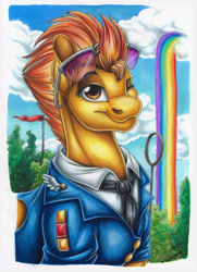 Size: 2550x3521 | Tagged: safe, artist:lupiarts, spitfire, pegasus, pony, g4, wonderbolts academy, captain, clothes, cloud, drill sergeant, female, flag, looking at you, necktie, one eye closed, rainbow waterfall, sky, smiling, solo, spitfire's tie, traditional art, uniform, wink, wonderbolts, wonderbolts dress uniform