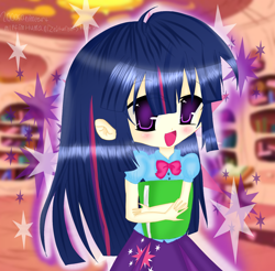 Size: 1360x1336 | Tagged: safe, twilight sparkle, human, equestria girls, g4, 2000s anime art, anime, blouse, book, bowtie, button-up shirt, clothes, cute, female, golden oaks library, human coloration, humanized, shirt, skirt, skirt with cutie mark, solo, twiabetes