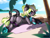 Size: 2600x2000 | Tagged: safe, alternate character, alternate version, artist:erein, artist:yuris, oc, oc only, pony, advertisement, beach, book, butt, cloud, collaboration, commission, dock, ear fluff, featureless crotch, female, frog (hoof), looking at you, looking back, looking back at you, lying down, mare, multi ych "on the beach/field", ocean, outdoors, palm tree, plot, sky, smiling, smiling at you, solo, tail, tail aside, tree, underhoof, water, ych result