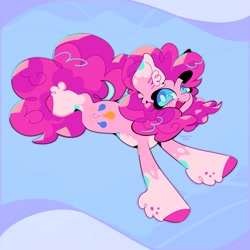 Size: 2048x2048 | Tagged: safe, artist:foxelity, pinkie pie, earth pony, pony, g4, coat markings, colored hooves, ear fluff, female, full body, high res, hoof fluff, leaping, looking at you, mare, open mouth, open smile, pale belly, signature, smiling, smiling at you, socks (coat markings), solo