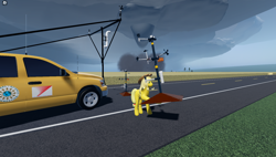 Size: 1858x1057 | Tagged: safe, applejack, earth pony, pony, g4, 3d, applejack's hat, car, cloud, cloudy, cowboy hat, dodge ram, female, game screencap, hat, long legs, overcast, pickup truck, road, roblox, solo, tornado, tree, twisted (game)