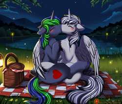 Size: 2996x2565 | Tagged: safe, artist:pridark, oc, oc only, oc:dark tempest, oc:sparky starfall, alicorn, firefly (insect), insect, pony, unicorn, alicorn oc, basket, duo, gay, horn, kissing, male, night, picnic, picnic basket, picnic blanket, unicorn oc, wings