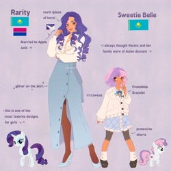 Size: 2048x2048 | Tagged: safe, artist:cryweas, rarity, sweetie belle, human, pony, unicorn, g4, alternate hairstyle, asian, bisexual pride flag, bracelet, clothes, compression shorts, dress, duo, duo female, ear piercing, earring, eyeshadow, female, filly, foal, friendship bracelet, headcanon, horn, humanized, jewelry, kazakhstan, lipstick, makeup, mare, nail polish, necklace, piercing, pride, pride flag, purple background, reference sheet, ring, shirt, simple background, skirt, socks, stockings, thigh highs