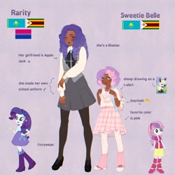 Size: 2048x2048 | Tagged: safe, artist:cryweas, opalescence, rarity, sweetie belle, cat, human, pony, sheep, unicorn, equestria girls, g4, african, alternate hairstyle, asian, backpack, bag, belt, bisexual pride flag, blasian, boots, bracelet, clothes, converse, dark skin, duo, duo female, ear piercing, earring, eyeshadow, female, filly, foal, headcanon, horn, humanized, implied applejack, implied lesbian, implied rarijack, implied shipping, jewelry, kazakhstan, keychain, leg warmers, lipstick, makeup, nail polish, necklace, piercing, pride, pride flag, purple background, reference sheet, ring, school uniform, sheepie belle, shirt, shoes, simple background, skirt, socks, stockings, t-shirt, thigh highs, vest, zimbabwe