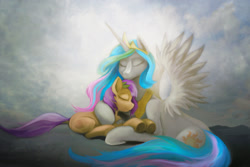 Size: 2400x1600 | Tagged: safe, artist:darkdoomer, princess celestia, alicorn, earth pony, pony, g4, bandaid, cloud, digital painting, duo, flower, flower in hair, heart, hug, maggie joy