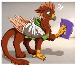 Size: 2996x2565 | Tagged: safe, artist:pridark, oc, oc:pavlos, griffon, bandage, beak, broken bone, broken wing, cast, cheek fluff, claws, clothes, colored wings, commission, cushion, eared griffon, griffon oc, injured, non-pony oc, nonbinary, pillow, sling, stuck, tail, wings