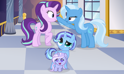 Size: 1024x615 | Tagged: safe, artist:velveagicsentryyt, starlight glimmer, trixie, oc, oc:callisto, oc:violet star, pony, g4, baby, baby pony, boop, colt, deviantart watermark, female, foal, lesbian, magical lesbian spawn, male, obtrusive watermark, offspring, parent:starlight glimmer, parent:trixie, parents:startrix, ship:startrix, shipping, watermark