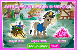 Size: 1961x1298 | Tagged: safe, gameloft, cranky doodle donkey, donkey, g4, my little pony: magic princess, official, advertisement, clothes, compass, costs real money, english, fishing rod, gem, hat, introduction card, male, mobile game, numbers, sale, saw, shirt, telescope, text, wagon