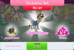 Size: 1264x858 | Tagged: safe, gameloft, cranky doodle donkey, donkey, g4, my little pony: magic princess, official, bundle, clothes, compass, costs real money, english, fishing rod, gem, hat, male, mobile game, numbers, sale, saw, shirt, telescope, text, wagon
