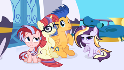 Size: 1024x579 | Tagged: safe, artist:velveagicsentryyt, flash sentry, moondancer, oc, oc:cosmica, oc:moona, pony, unicorn, g4, female, filly, foal, horn, offspring, parent:flash sentry, parent:moondancer, parents:flashdancer