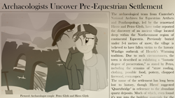 Size: 2000x1125 | Tagged: safe, artist:equestriaexploration, oc, oc only, oc:hiero glyth, oc:petro glyth, pony, unicorn, atg 2024, clothes, dress, duo, duo male and female, female, horn, kissing, male, mare, monochrome, newbie artist training grounds, newspaper, sepia, shovel, stallion