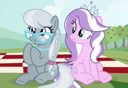 Size: 1758x1220 | Tagged: safe, artist:cstrawberrymilk, diamond tiara, silver spoon, pony, older, picnic blanket