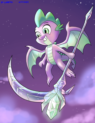 Size: 2550x3300 | Tagged: safe, artist:loreto-arts, spike, dragon, scythe, solo, winged spike, wings