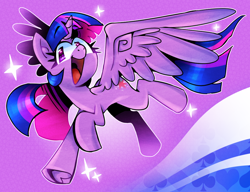 Size: 1336x1024 | Tagged: safe, artist:thegreatrouge, twilight sparkle, alicorn, pony, g4, abstract background, female, flying, frog (hoof), gradient background, mare, open mouth, purple background, solo, spread wings, stars, twilight sparkle (alicorn), underhoof, wings