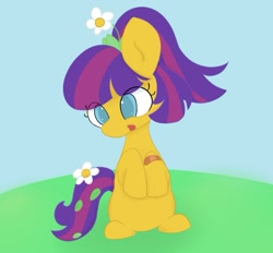 Size: 713x661 | Tagged: safe, anonymous artist, earth pony, pony, bandaid, cute, flower, happy, highlights, maggie joy, open mouth, orange coat, purple mane, purple tail, solo, tail