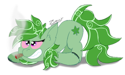 Size: 1881x1128 | Tagged: safe, artist:zeccy, oc, oc only, oc:stoney poney, earth pony, pony, atg 2024, drugs, joint, marijuana, newbie artist training grounds, red eyes, sharp teeth, simple background, solo, teeth, transparent background