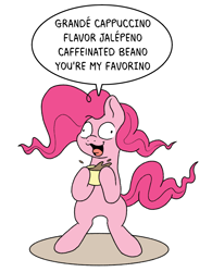 Size: 1164x1496 | Tagged: safe, artist:doodledonutart, pinkie pie, earth pony, pony, g4, atg 2024, bipedal, coffee, derp, female, mare, newbie artist training grounds, pinkie found the coffee, simple background, solo, white background, xk-class end-of-the-world scenario