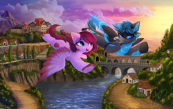 Size: 5496x3458 | Tagged: safe, artist:empress-twilight, oc, oc only, oc:amika, oc:veen, pegasus, pony, robot, robot pony, bridge, duo, flying, mountain, scenery