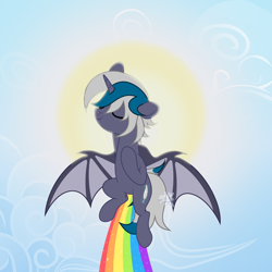 Size: 6000x6000 | Tagged: safe, artist:xenast, oc, oc only, oc:elizabat stormfeather, alicorn, bat pony, bat pony alicorn, pony, alicorn oc, bat pony oc, bat wings, cloud, commission, cute, eyes closed, female, flying, horn, mare, pride month, rainbow, rainbow trail, sky, solo, sun, wings, ych result