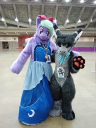 Size: 960x1280 | Tagged: safe, artist:midnightrushpony, artist:scarletwingsfs, flitter, clothes, dress, duo, furry, fursuit, indoors, irl, photo, ponysuit