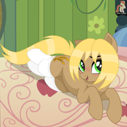 Size: 2500x2500 | Tagged: safe, artist:r4hucksake, oc, oc only, oc:golden fields, earth pony, pony, base used, bed, blush lines, blushing, clothes, female, mare, on bed, open mouth, open smile, smiling, socks, solo