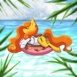 Size: 2048x2048 | Tagged: safe, artist:krais, oc, oc only, oc:anna pine, earth pony, pony, beach, curly mane, eyes closed, freckles, haydee, inflatable, lying down, pineapple, pool toy, solo, water