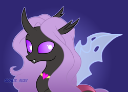 Size: 1024x738 | Tagged: safe, artist:cookie-ruby, oc, oc only, changeling, blue background, changeling oc, heart, jewelry, lavender hair, necklace, ponysona, purple eyes, simple background, solo
