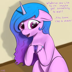 Size: 2048x2048 | Tagged: safe, artist:maonyman, izzy moonbow, pony, unicorn, g5, bracelet, dating, dialogue, female, floppy ears, friendship bracelet, horn, jewelry, looking down, mare, nervous, nervous smile, raised hoof, shy, smiling, solo, unshorn fetlocks