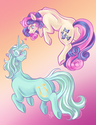 Size: 2550x3300 | Tagged: safe, artist:ashley-the-muffin, artist:sugarsong, bon bon, lyra heartstrings, sweetie drops, earth pony, pony, unicorn, g4, duo, duo female, female, gradient background, heart, horn, lesbian, looking at each other, looking at someone, ship:lyrabon, shipping, smiling, smiling at each other