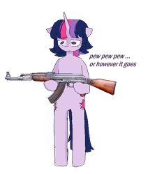 Size: 548x646 | Tagged: artist needed, safe, twilight sparkle, pony, unicorn, semi-anthro, g4, ak-47, assault rifle, gun, horn, rifle, solo, text, weapon