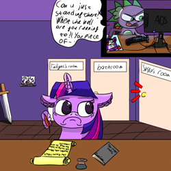 Size: 1500x1500 | Tagged: safe, artist:icycrymelon, spike, twilight sparkle, dragon, pony, unicorn, g4, aggressive, book, computer, dialogue, door, duo, duo male and female, female, floppy ears, horn, implied shipping, implied sparity, implied straight, inkwell, letter, male, quill, sword, weapon