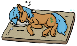 Size: 400x240 | Tagged: safe, artist:harmonicglow, oc, oc only, oc:bleeding heart (magnum opus), unicorn, bed, blue mane, broken glasses, cutie mark, fallout equestria: magnum opus, female, glasses, horn, lying down, lying on bed, mare, mattress, on bed, onomatopoeia, orange coat, pillow, simple background, sleeping, solo, sound effects, transparent background, unicorn oc, zzz
