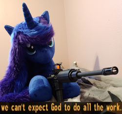 Size: 964x896 | Tagged: safe, artist:joltage, princess luna, pony, fallout, fallout: new vegas, gun, photo, plushie, rifle, solo, we can't expect god to do all the work, weapon