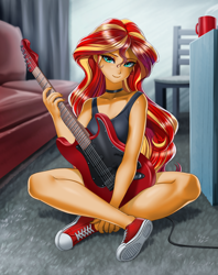 Size: 1000x1265 | Tagged: safe, artist:racoonsan, color edit, edit, editor:drakeyc, sunset shimmer, human, equestria girls, g4, chair, choker, clothes, coffee mug, converse, couch, cute, eyeshadow, female, fit, guitar, indoors, legs, looking at you, makeup, mug, musical instrument, nail polish, shimmerbetes, shoes, sitting, skin color edit, slender, smiling, sneakers, solo, tank top, thin