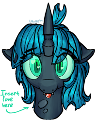 Size: 534x668 | Tagged: safe, artist:uteuk, oc, oc:changeling filly anon, oc:filly anon, changeling, :p, female, filly, floppy ears, glowing, glowing eyes, looking at you, tongue out