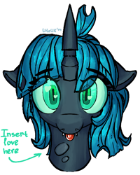 Size: 534x668 | Tagged: safe, artist:uteuk, oc, oc only, oc:changeling filly anon, oc:filly anon, changeling, :p, female, filly, floppy ears, glowing, glowing eyes, looking at you, simple background, solo, tongue out, white background